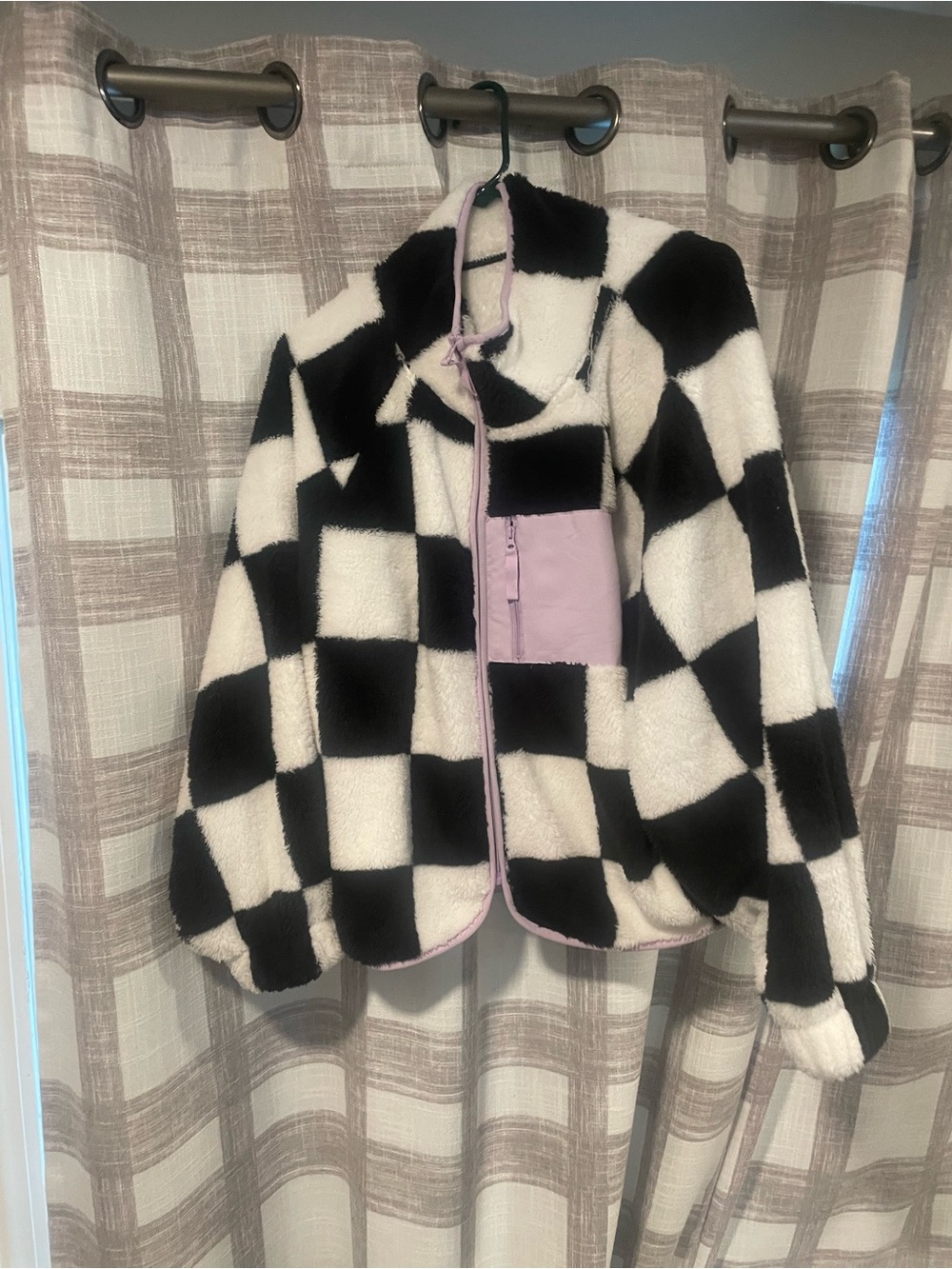 love, Fire Black & White Checkered Teddy Jacket with Lilac Trim